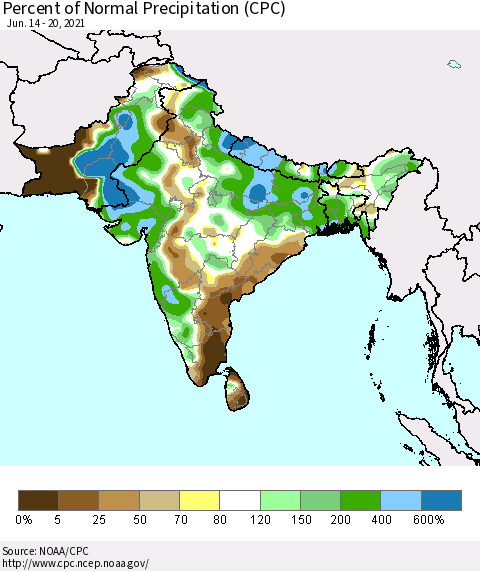 Southern Asia Percent of Normal Precipitation (CPC) Thematic Map For 6/14/2021 - 6/20/2021
