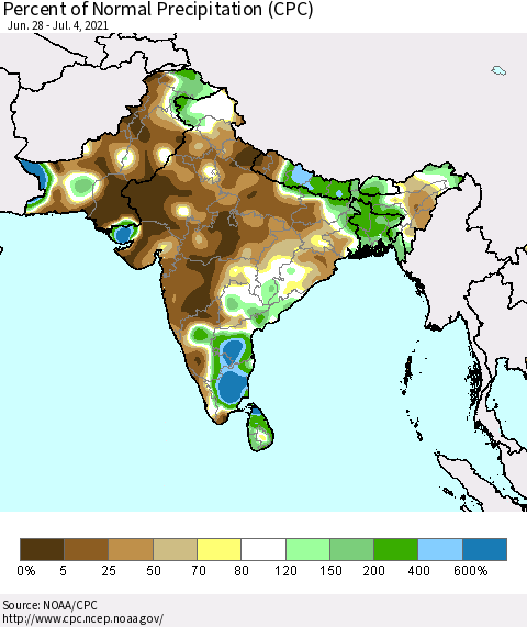 Southern Asia Percent of Normal Precipitation (CPC) Thematic Map For 6/28/2021 - 7/4/2021