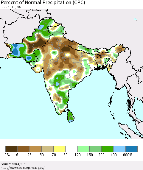 Southern Asia Percent of Normal Precipitation (CPC) Thematic Map For 7/5/2021 - 7/11/2021