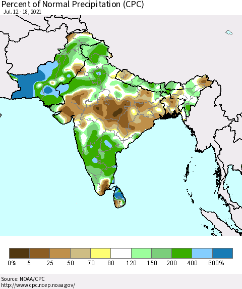 Southern Asia Percent of Normal Precipitation (CPC) Thematic Map For 7/12/2021 - 7/18/2021