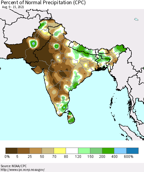 Southern Asia Percent of Normal Precipitation (CPC) Thematic Map For 8/9/2021 - 8/15/2021
