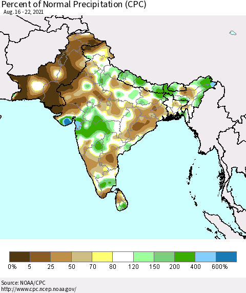 Southern Asia Percent of Normal Precipitation (CPC) Thematic Map For 8/16/2021 - 8/22/2021