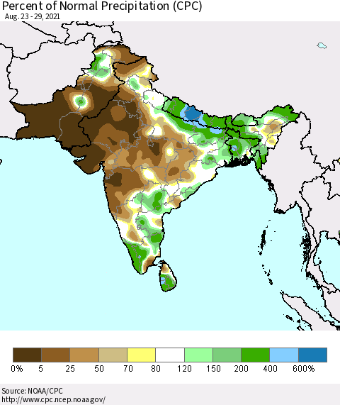 Southern Asia Percent of Normal Precipitation (CPC) Thematic Map For 8/23/2021 - 8/29/2021