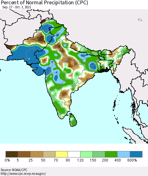 Southern Asia Percent of Normal Precipitation (CPC) Thematic Map For 9/27/2021 - 10/3/2021