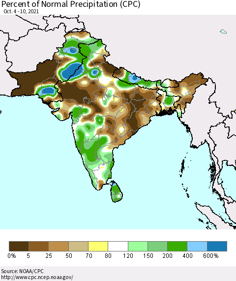 Southern Asia Percent of Normal Precipitation (CPC) Thematic Map For 10/4/2021 - 10/10/2021