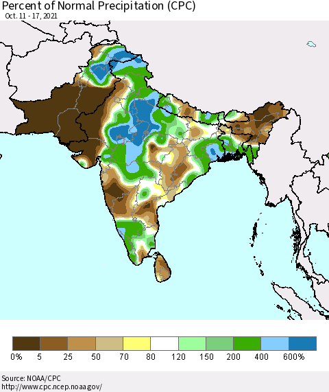 Southern Asia Percent of Normal Precipitation (CPC) Thematic Map For 10/11/2021 - 10/17/2021