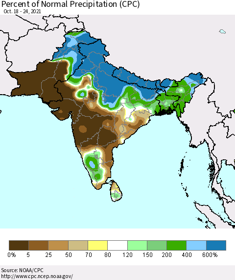 Southern Asia Percent of Normal Precipitation (CPC) Thematic Map For 10/18/2021 - 10/24/2021