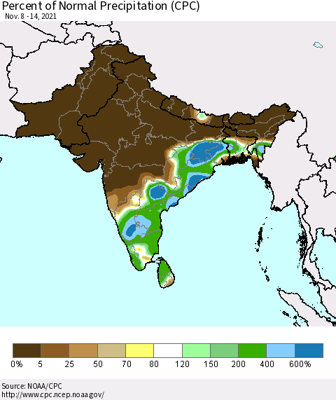 Southern Asia Percent of Normal Precipitation (CPC) Thematic Map For 11/8/2021 - 11/14/2021