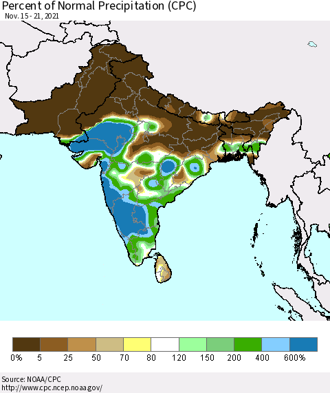Southern Asia Percent of Normal Precipitation (CPC) Thematic Map For 11/15/2021 - 11/21/2021