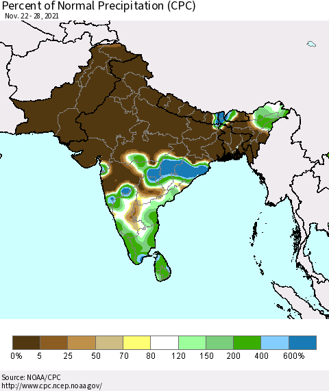 Southern Asia Percent of Normal Precipitation (CPC) Thematic Map For 11/22/2021 - 11/28/2021