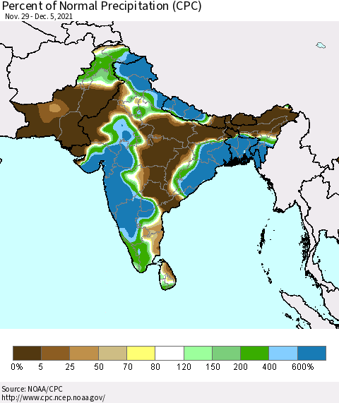Southern Asia Percent of Normal Precipitation (CPC) Thematic Map For 11/29/2021 - 12/5/2021