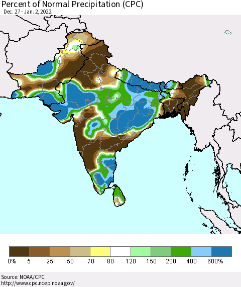 Southern Asia Percent of Normal Precipitation (CPC) Thematic Map For 12/27/2021 - 1/2/2022