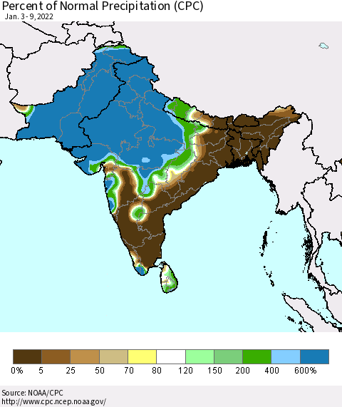 Southern Asia Percent of Normal Precipitation (CPC) Thematic Map For 1/3/2022 - 1/9/2022