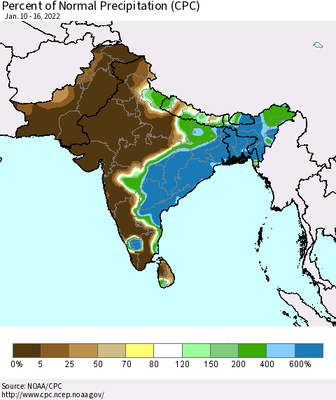 Southern Asia Percent of Normal Precipitation (CPC) Thematic Map For 1/10/2022 - 1/16/2022