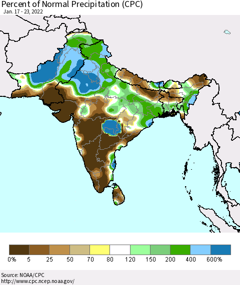 Southern Asia Percent of Normal Precipitation (CPC) Thematic Map For 1/17/2022 - 1/23/2022