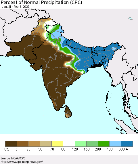 Southern Asia Percent of Normal Precipitation (CPC) Thematic Map For 1/31/2022 - 2/6/2022