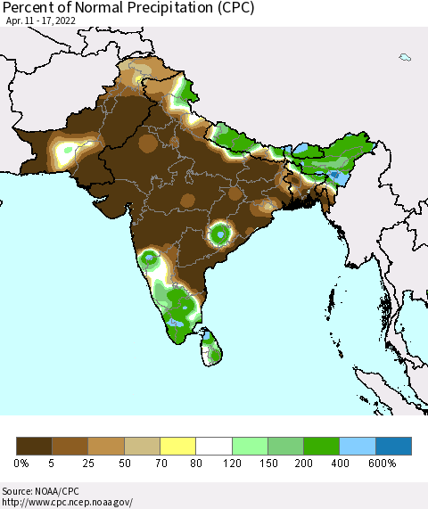 Southern Asia Percent of Normal Precipitation (CPC) Thematic Map For 4/11/2022 - 4/17/2022