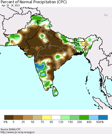 Southern Asia Percent of Normal Precipitation (CPC) Thematic Map For 4/18/2022 - 4/24/2022