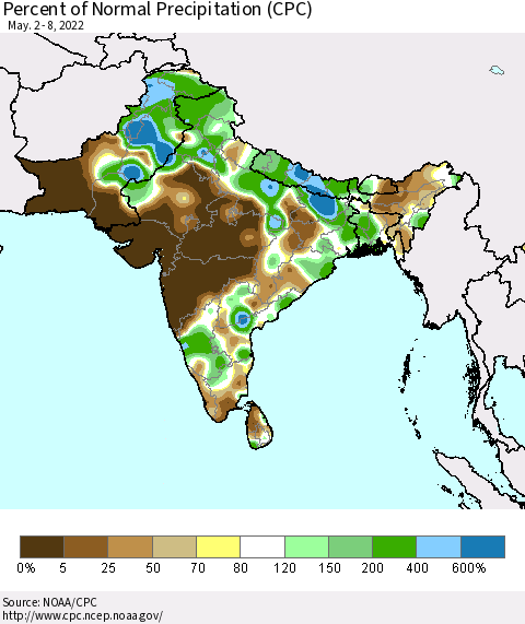 Southern Asia Percent of Normal Precipitation (CPC) Thematic Map For 5/2/2022 - 5/8/2022