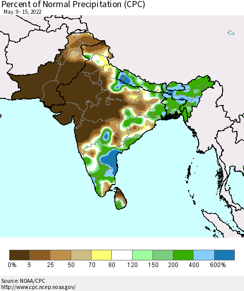 Southern Asia Percent of Normal Precipitation (CPC) Thematic Map For 5/9/2022 - 5/15/2022