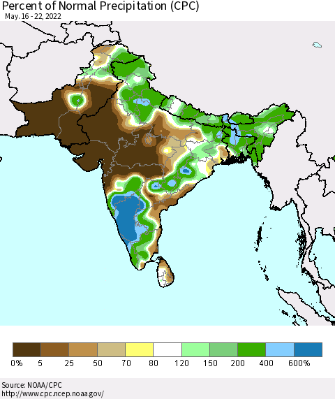 Southern Asia Percent of Normal Precipitation (CPC) Thematic Map For 5/16/2022 - 5/22/2022