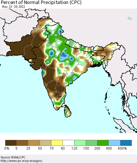 Southern Asia Percent of Normal Precipitation (CPC) Thematic Map For 5/23/2022 - 5/29/2022