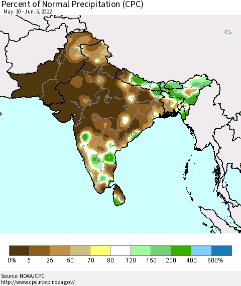 Southern Asia Percent of Normal Precipitation (CPC) Thematic Map For 5/30/2022 - 6/5/2022