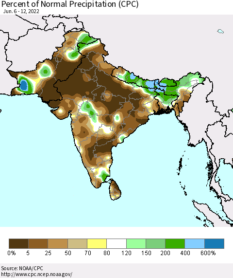 Southern Asia Percent of Normal Precipitation (CPC) Thematic Map For 6/6/2022 - 6/12/2022