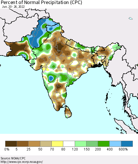 Southern Asia Percent of Normal Precipitation (CPC) Thematic Map For 6/20/2022 - 6/26/2022