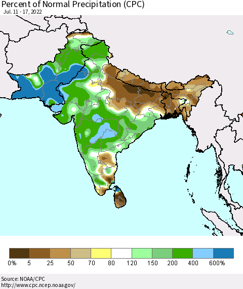 Southern Asia Percent of Normal Precipitation (CPC) Thematic Map For 7/11/2022 - 7/17/2022