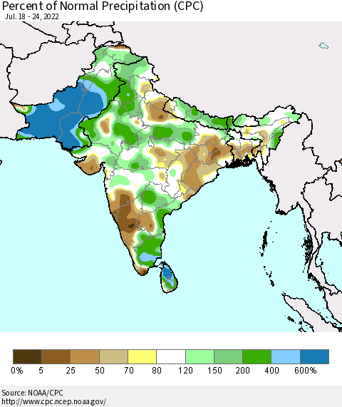 Southern Asia Percent of Normal Precipitation (CPC) Thematic Map For 7/18/2022 - 7/24/2022