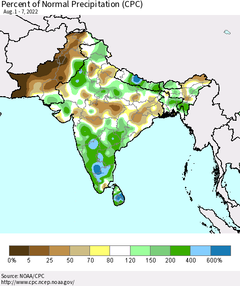 Southern Asia Percent of Normal Precipitation (CPC) Thematic Map For 8/1/2022 - 8/7/2022