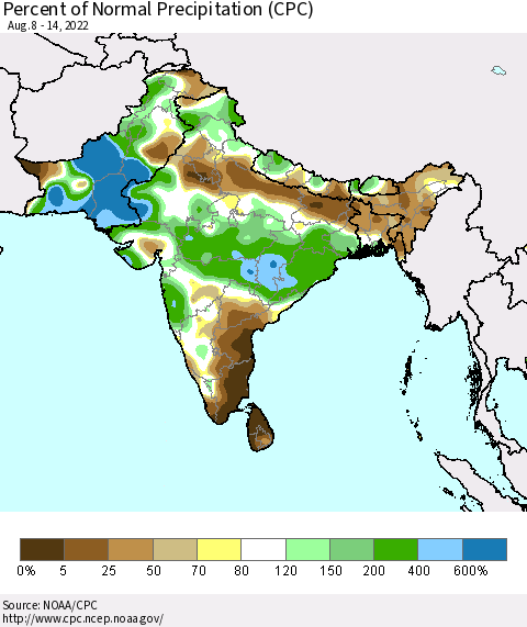 Southern Asia Percent of Normal Precipitation (CPC) Thematic Map For 8/8/2022 - 8/14/2022