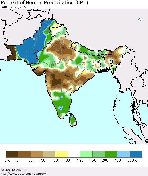 Southern Asia Percent of Normal Precipitation (CPC) Thematic Map For 8/22/2022 - 8/28/2022