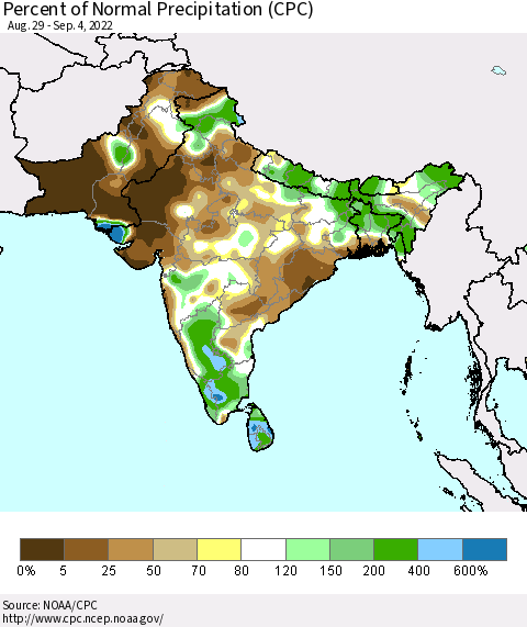 Southern Asia Percent of Normal Precipitation (CPC) Thematic Map For 8/29/2022 - 9/4/2022