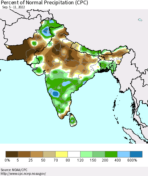 Southern Asia Percent of Normal Precipitation (CPC) Thematic Map For 9/5/2022 - 9/11/2022
