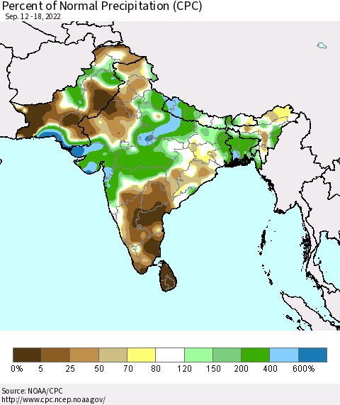 Southern Asia Percent of Normal Precipitation (CPC) Thematic Map For 9/12/2022 - 9/18/2022