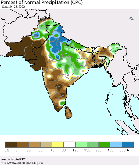 Southern Asia Percent of Normal Precipitation (CPC) Thematic Map For 9/19/2022 - 9/25/2022