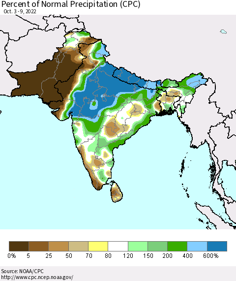Southern Asia Percent of Normal Precipitation (CPC) Thematic Map For 10/3/2022 - 10/9/2022