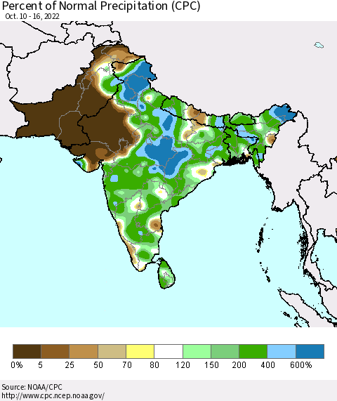 Southern Asia Percent of Normal Precipitation (CPC) Thematic Map For 10/10/2022 - 10/16/2022