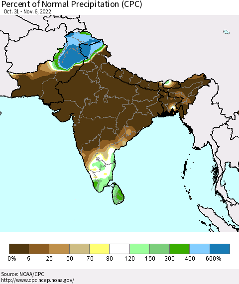 Southern Asia Percent of Normal Precipitation (CPC) Thematic Map For 10/31/2022 - 11/6/2022