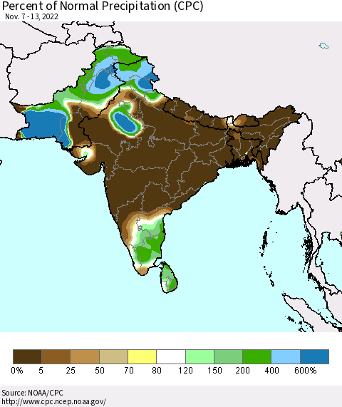 Southern Asia Percent of Normal Precipitation (CPC) Thematic Map For 11/7/2022 - 11/13/2022