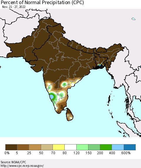 Southern Asia Percent of Normal Precipitation (CPC) Thematic Map For 11/21/2022 - 11/27/2022