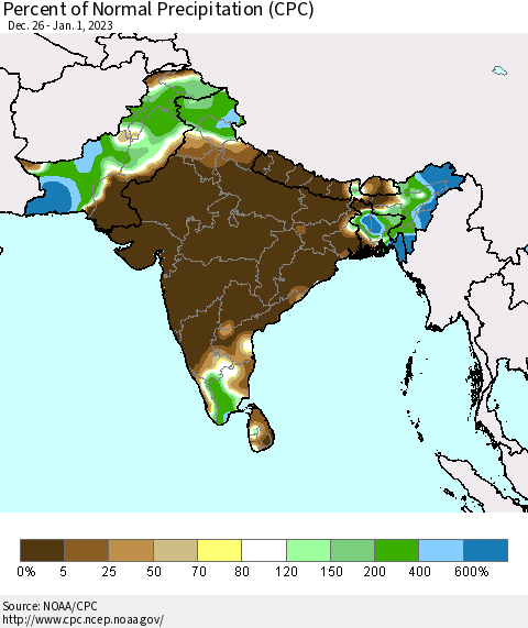 Southern Asia Percent of Normal Precipitation (CPC) Thematic Map For 12/26/2022 - 1/1/2023