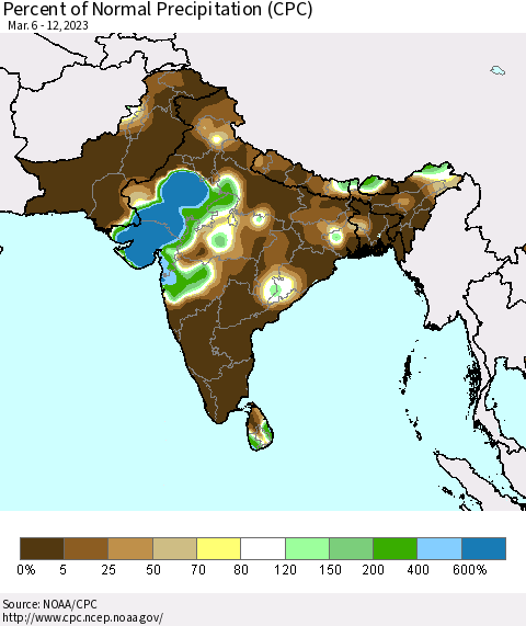 Southern Asia Percent of Normal Precipitation (CPC) Thematic Map For 3/6/2023 - 3/12/2023
