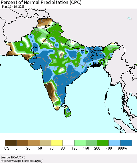Southern Asia Percent of Normal Precipitation (CPC) Thematic Map For 3/13/2023 - 3/19/2023
