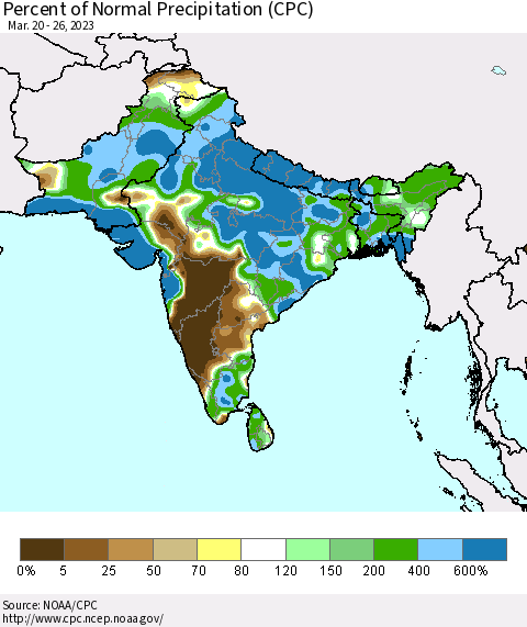 Southern Asia Percent of Normal Precipitation (CPC) Thematic Map For 3/20/2023 - 3/26/2023