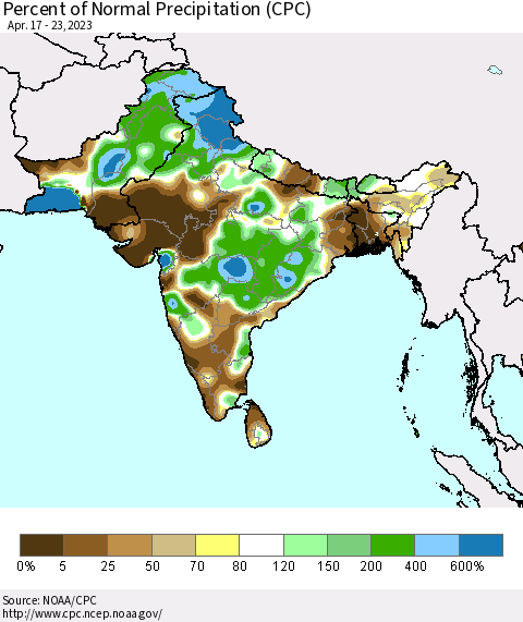 Southern Asia Percent of Normal Precipitation (CPC) Thematic Map For 4/17/2023 - 4/23/2023