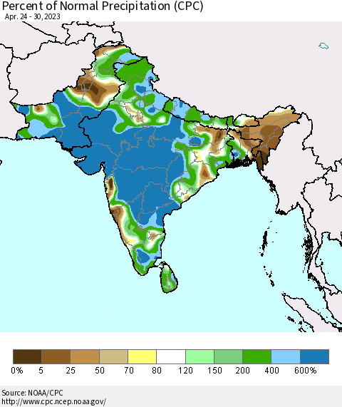 Southern Asia Percent of Normal Precipitation (CPC) Thematic Map For 4/24/2023 - 4/30/2023