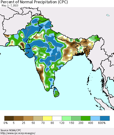 Southern Asia Percent of Normal Precipitation (CPC) Thematic Map For 5/1/2023 - 5/7/2023
